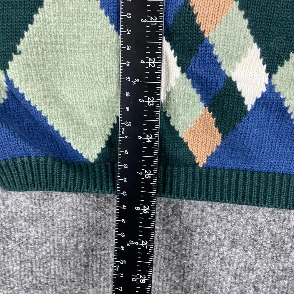 Alfred Dunner Sweater Womens Medium Green Blue Argyle Knit Collared‎ Preppy Warm